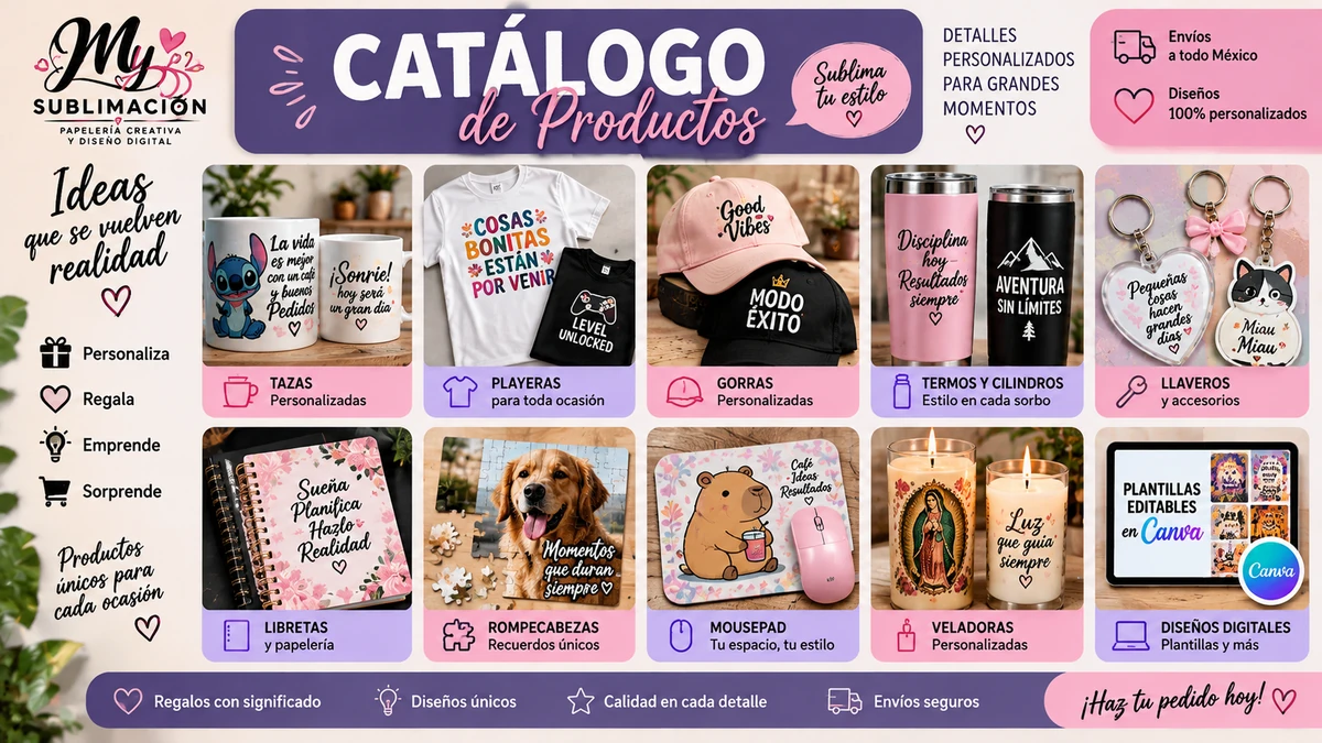 Ejemplo de catálogo de productos de MY Sublimación con categorías visuales y productos destacados