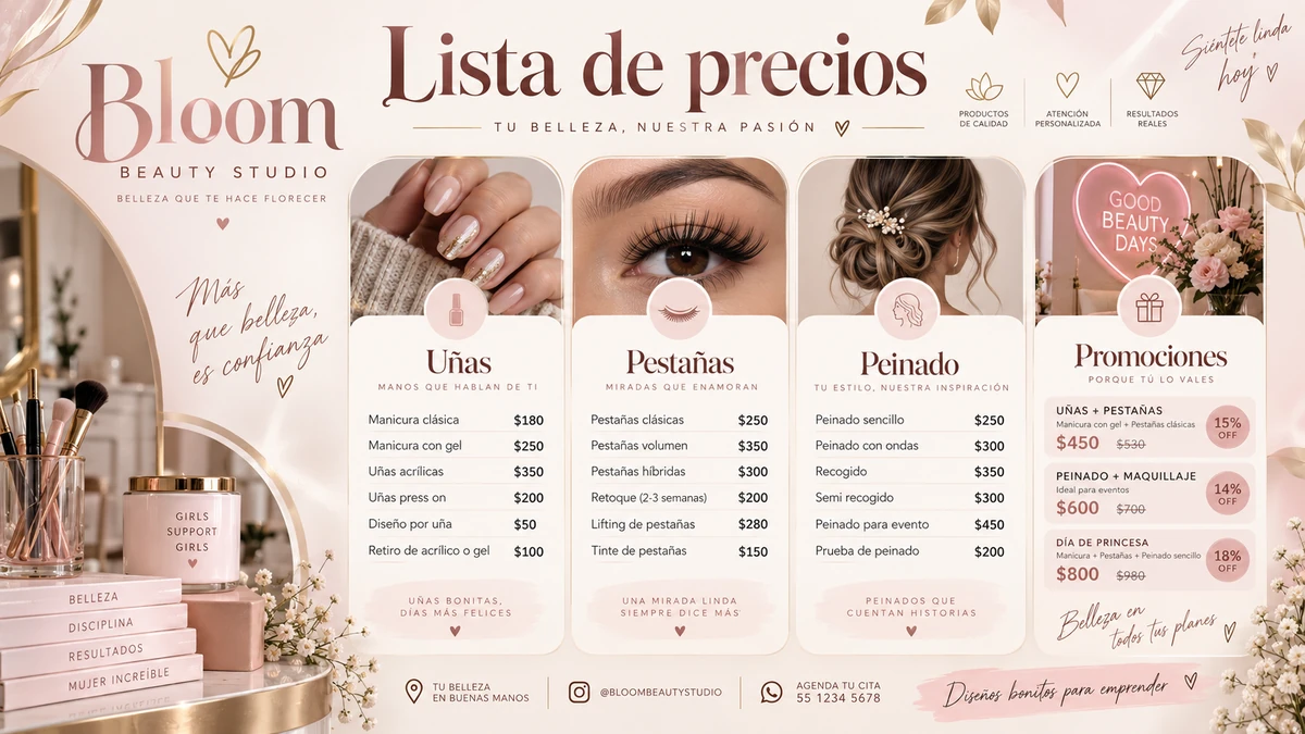 Ejemplo de lista de precios para estudio de belleza Bloom Beauty Studio con secciones y promociones