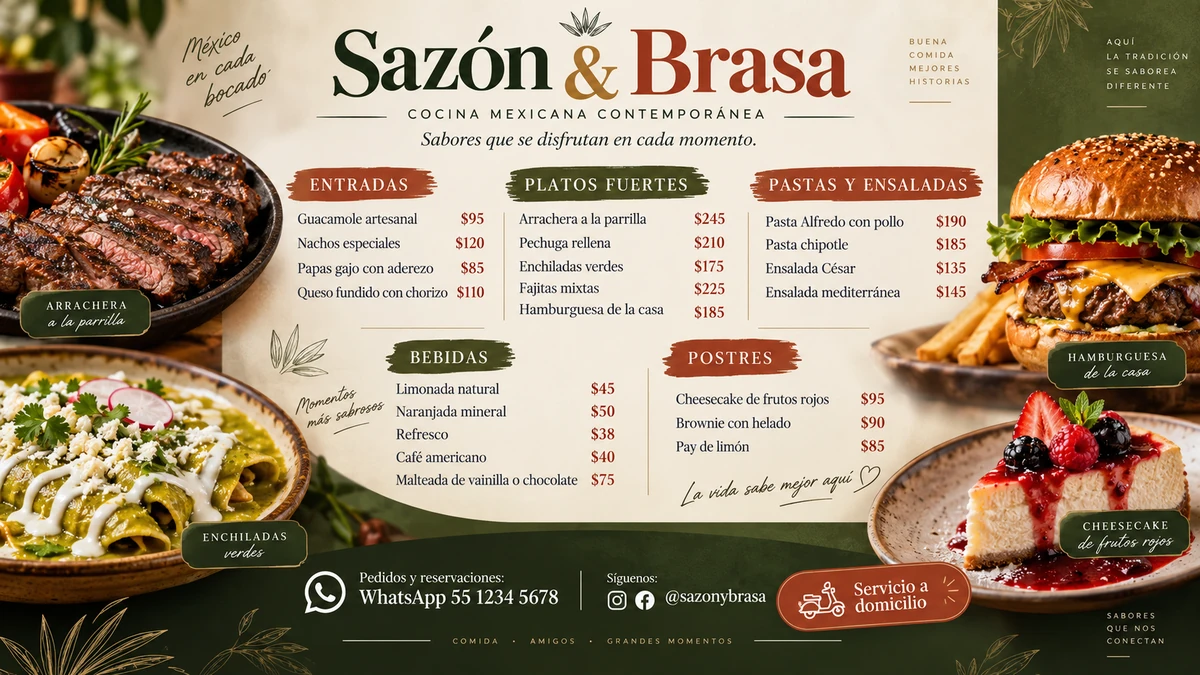 Ejemplo de menú de restaurante estilo Sazón y Brasa con secciones, precios y fotografías de alimentos