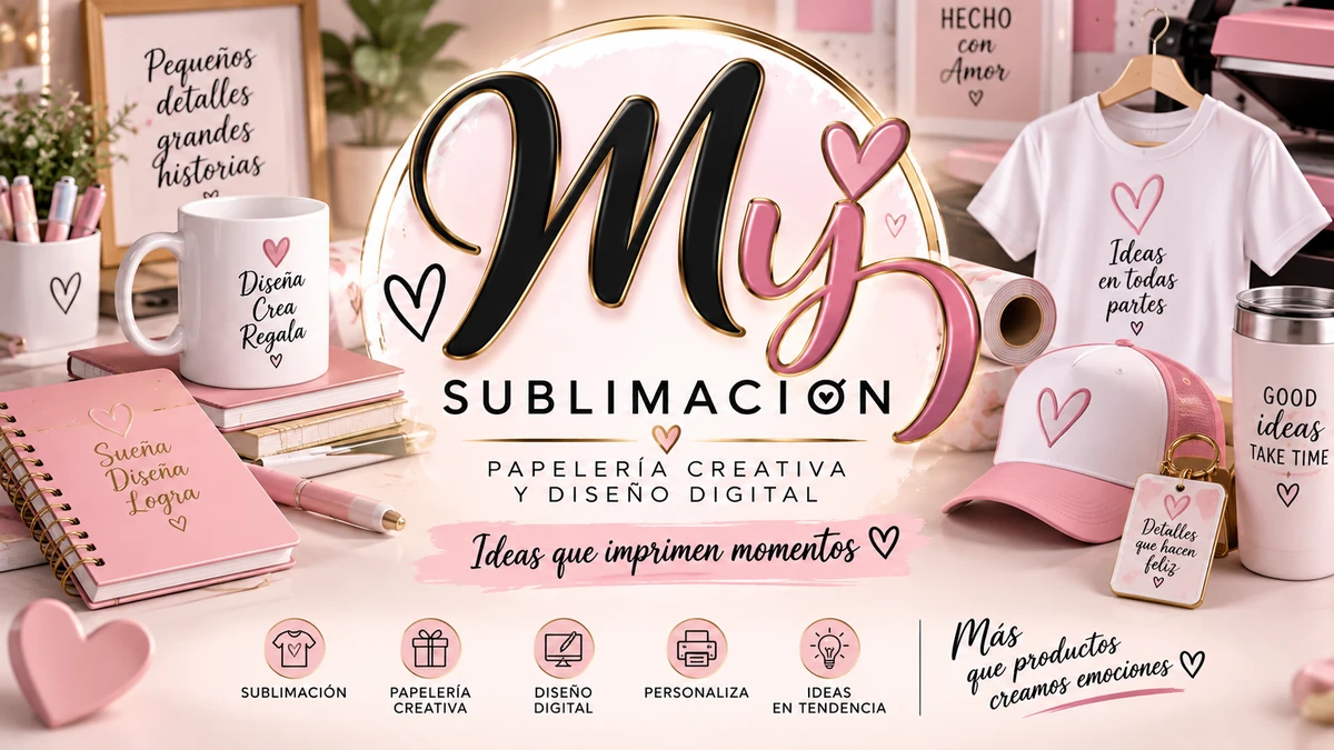 Ejemplo de identidad visual de MY Sublimación aplicada a productos personalizados