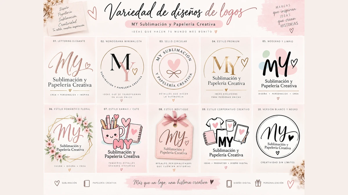 Muestra de diferentes estilos y versiones de logotipos personalizados