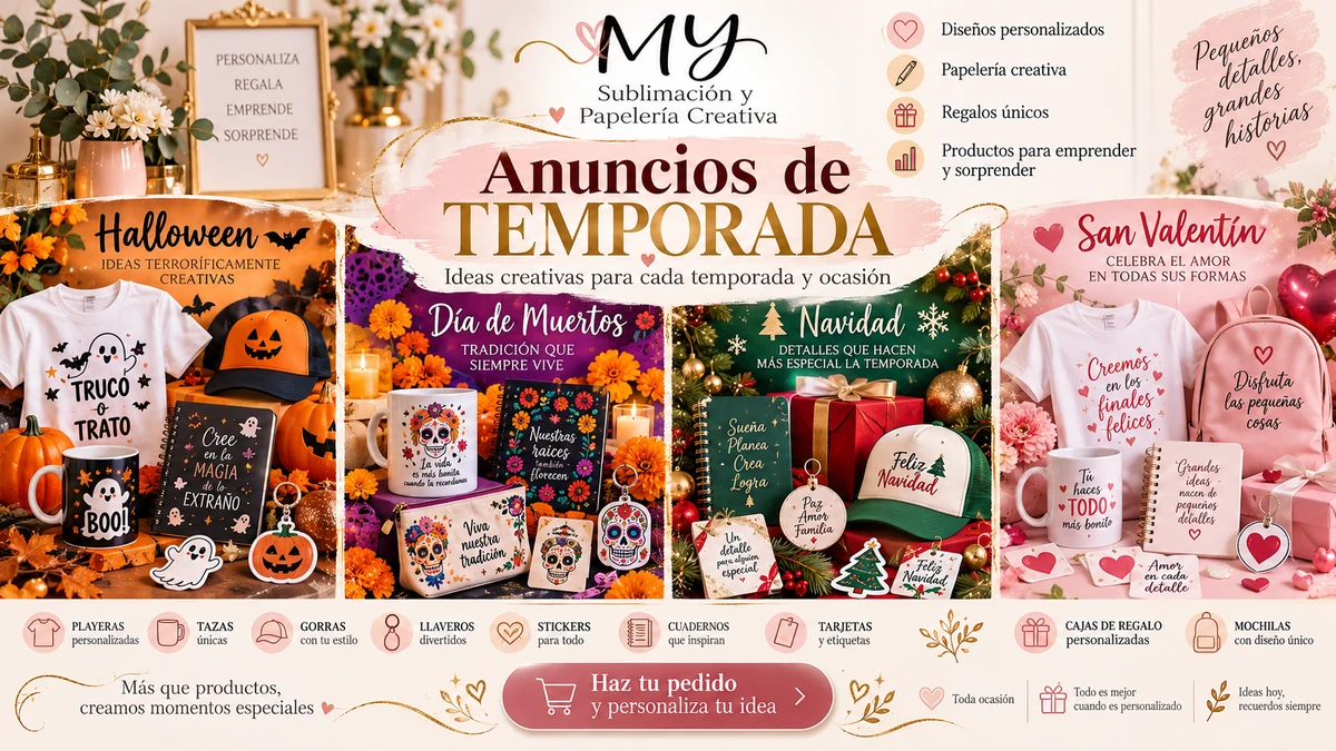 Ejemplo de anuncios de temporada para Halloween, Día de Muertos, Navidad y San Valentín