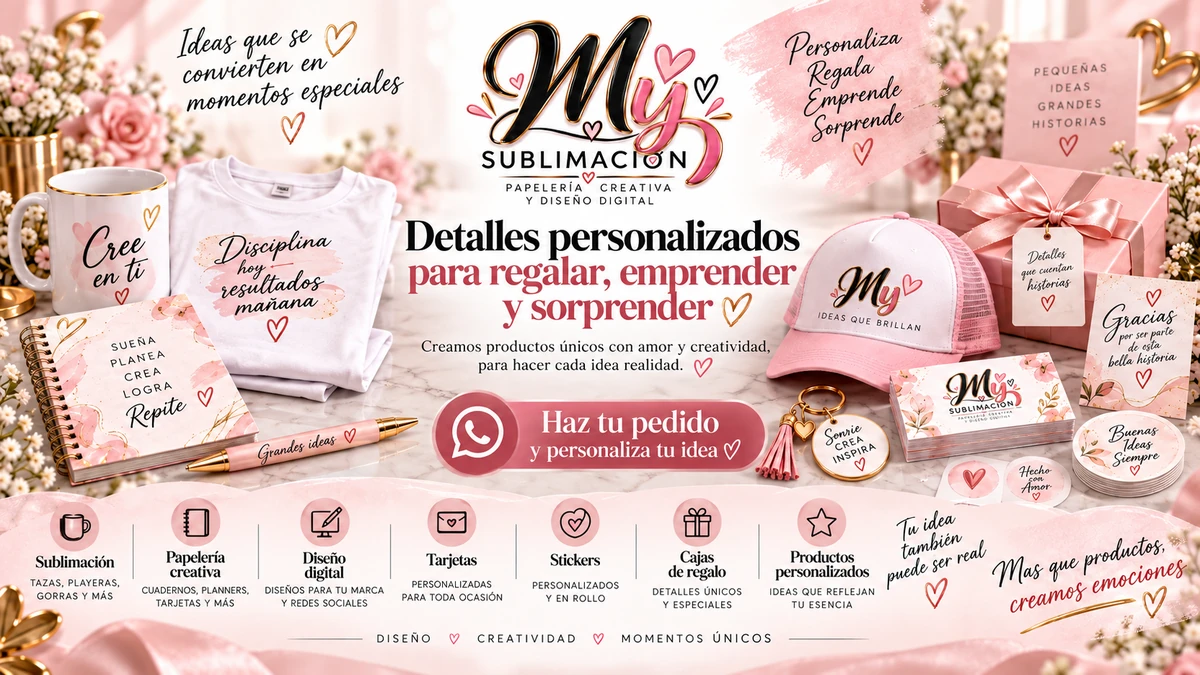 Imagen promocional general de MY Sublimación con enfoque en detalles personalizados y productos destacados
