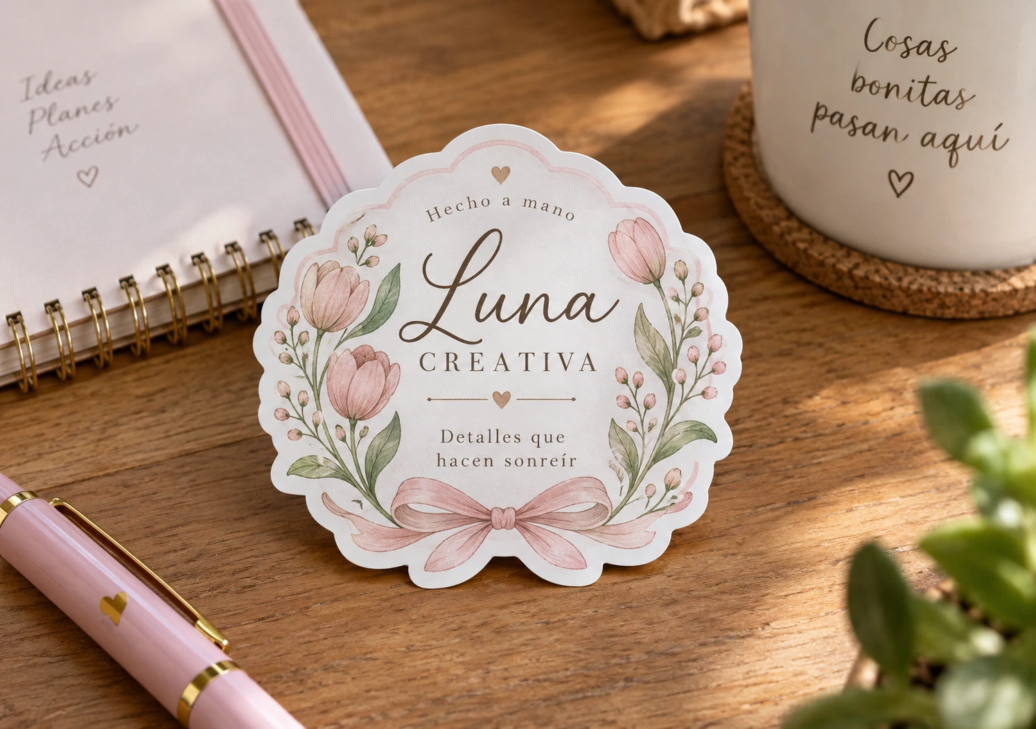 Etiqueta floral tipo scallop con texto Luna Creativa sobre mesa de madera