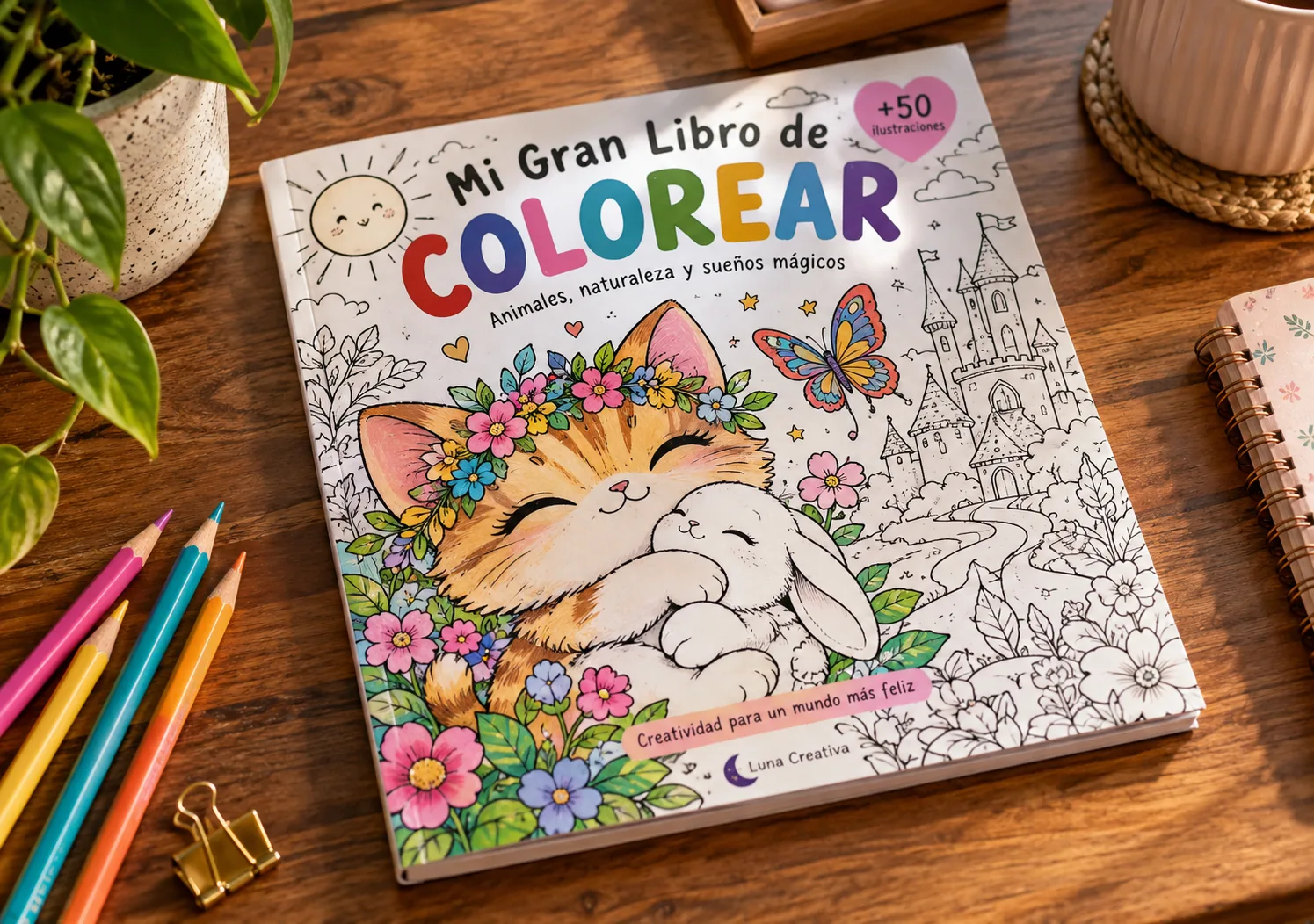 Libro para colorear personalizado mostrado sobre mesa con lápices de colores