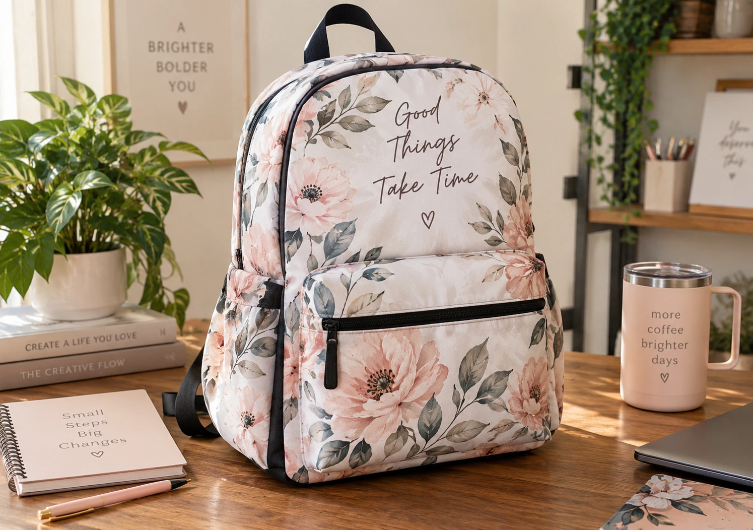 Mochila floral personalizada con frase Good Things Take Time sobre mesa de madera