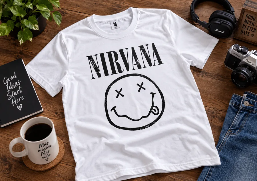 Playera blanca estilo Nirvana sobre mesa de madera con accesorios