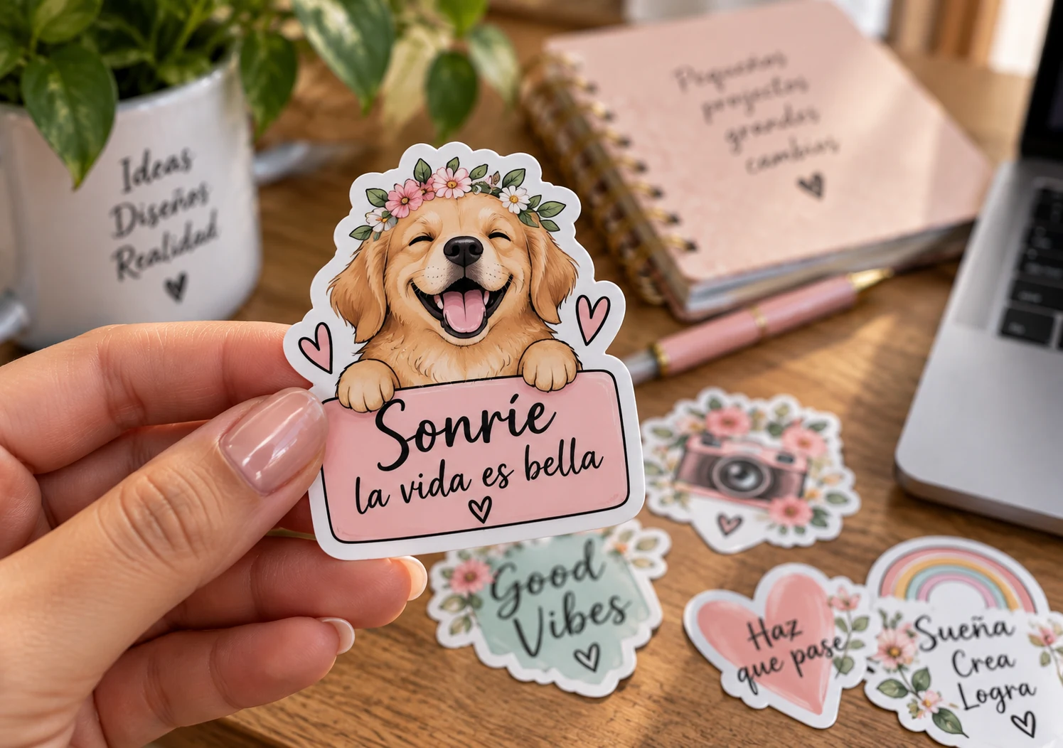 Sticker de perrito con frase Sonríe la vida es bella sostenido en la mano sobre escritorio cálido