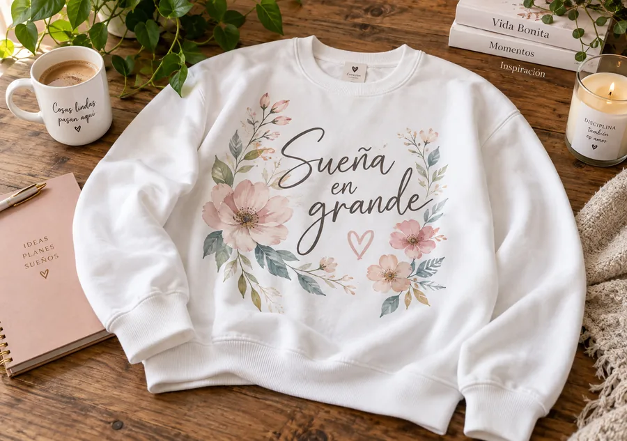 Sudadera blanca personalizada con diseño floral y texto Sueña en grande