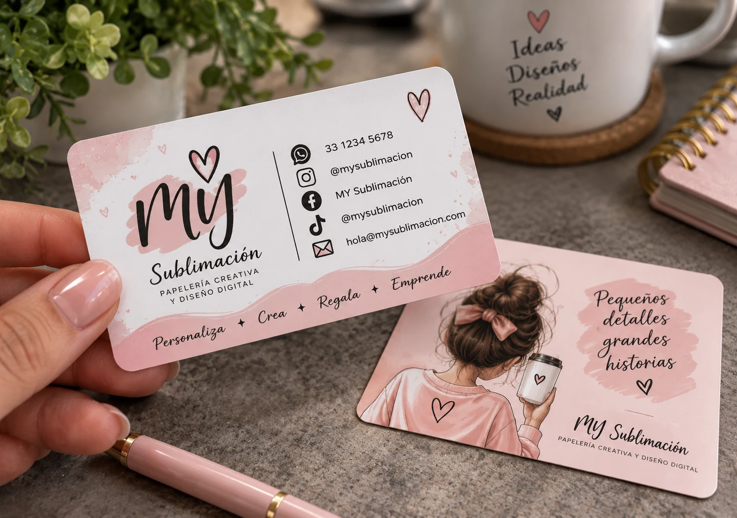 Tarjetas de presentación personalizadas de My Sublimación, frente y reverso, sostenidas en mano sobre escritorio