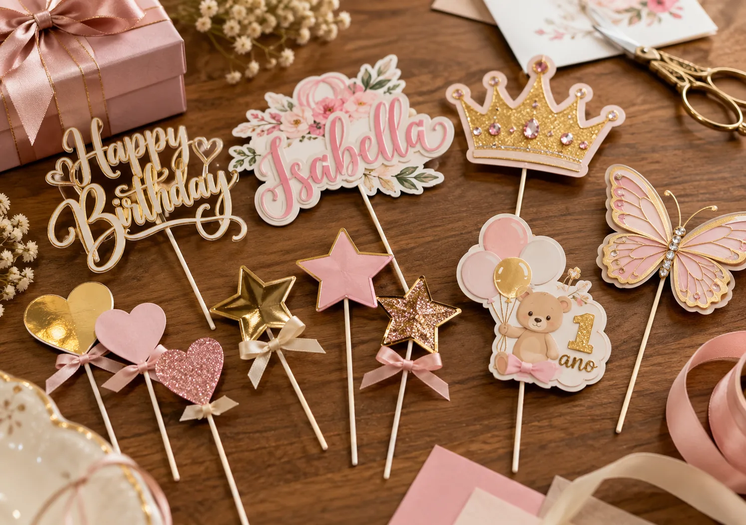 Variedad de toppers personalizados para pasteles y celebraciones