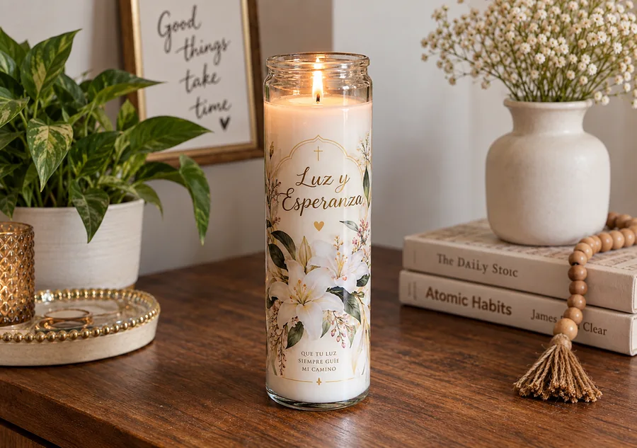 Veladora personalizada encendida con diseño floral y texto Luz y Esperanza