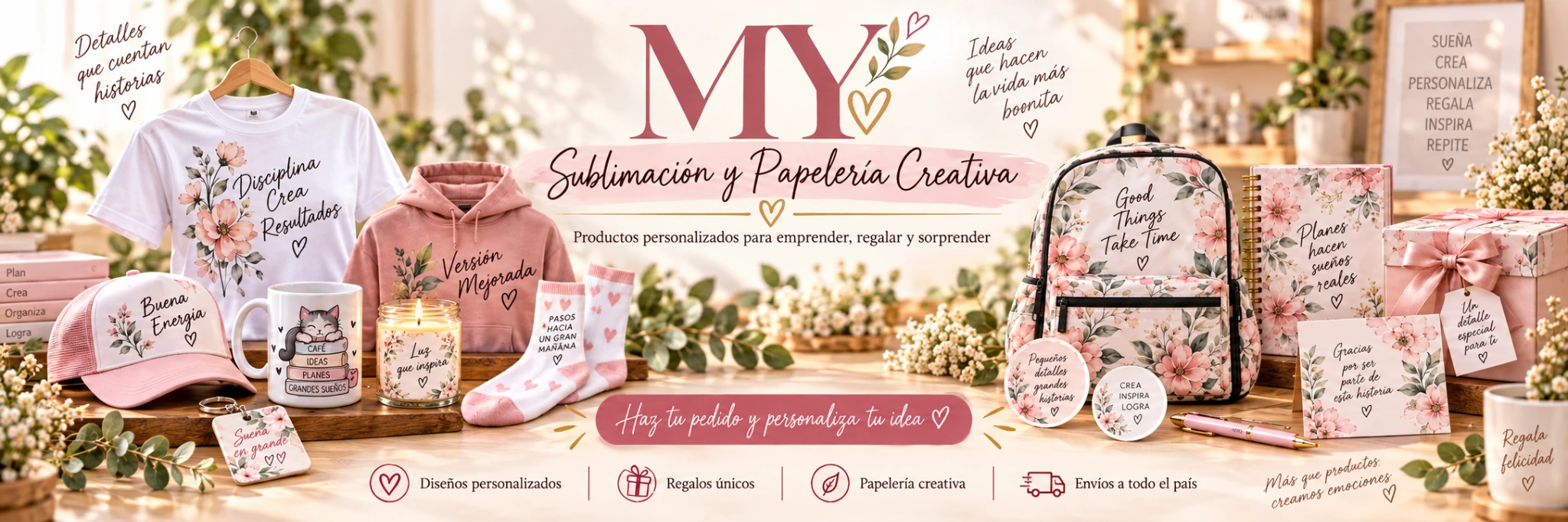 Promoción general de MY Sublimación y Papelería Creativa con productos personalizados de sublimación y papelería creativa