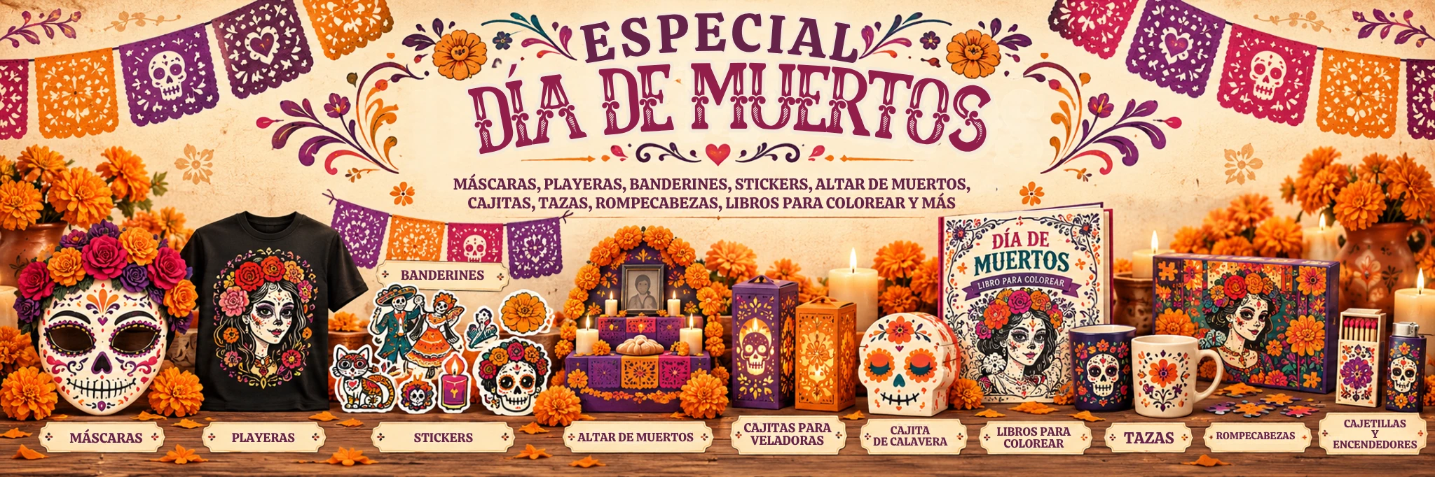 Promoción especial de Día de Muertos con productos personalizados temáticos