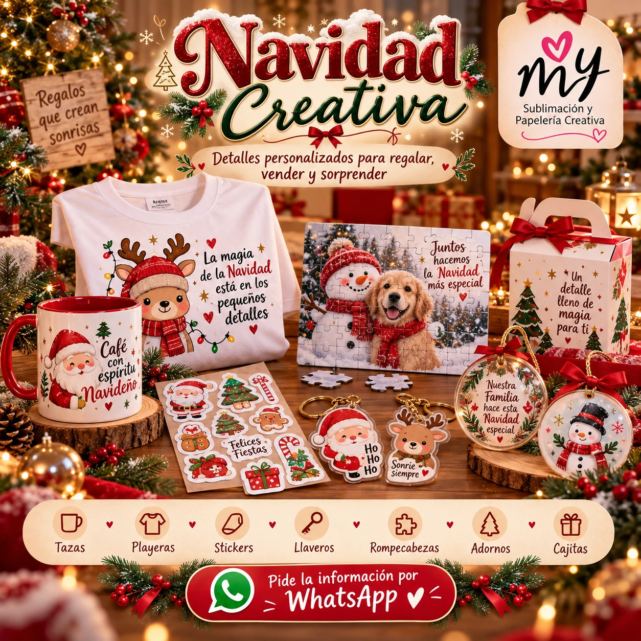 Navidad Creativa de MY Sublimación y Papelería Creativa con tazas, playeras, stickers, llaveros, rompecabezas, adornos y cajitas personalizadas